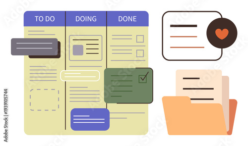 Project management, productivity, teamwork, organization, workflow planning, communication. Kanban board, task notifications folder. Project management and productivity visualization