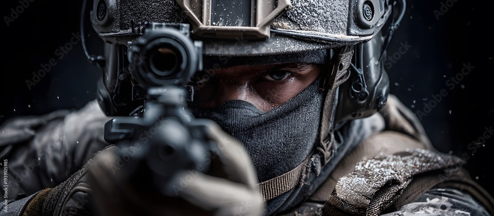 Fototapeta premium Special forces soldier armed and pointed at with a machine gun