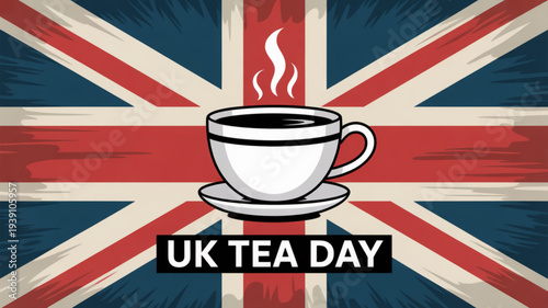 Steaming cup of tea on a saucer with uk flag background celebrating uk tea day