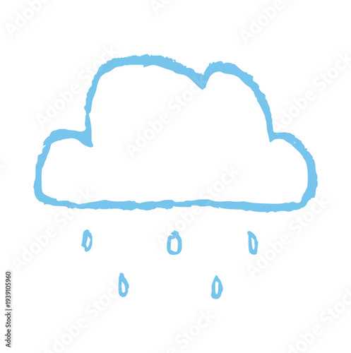 Rainy cloud with raindrops, hand drawn crayon wax crayons, rough texture doodle weather element for rain, storm, or autumn concept