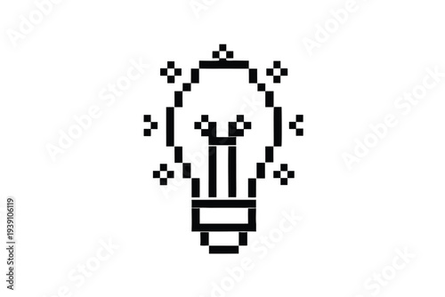 Black and white pixel lightbulb symbol for startup innovation and creative brainstorming