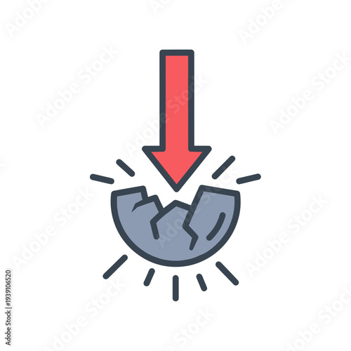 Red arrow hitting and cracking a grey spherical object