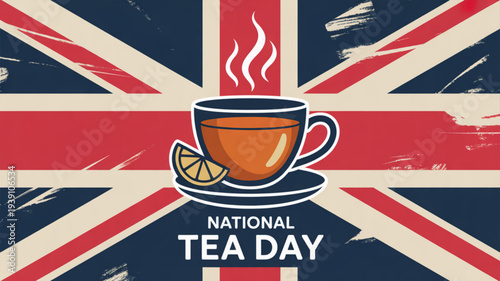 National tea day celebration with steaming cup on a saucer and lemon slice against a distressed uk flag background