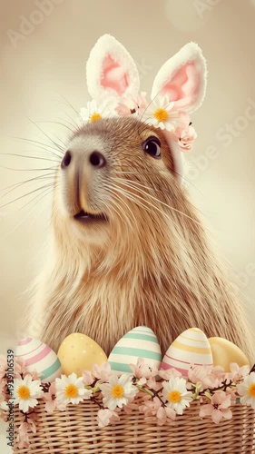 Capybara bunny ear easter egg basket flower pet easter festival portrait, soft pastel light with daisy crown, wicker basket holding painted eggs, gentle spring mood, floral bokeh background