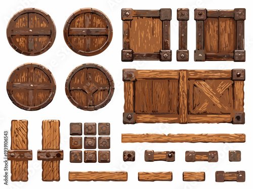 Assorted wooden barrels crates and planks in a cartoon style