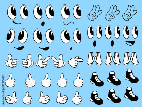 Cartoon eyes hands and shoes arranged in a grid pattern on blue