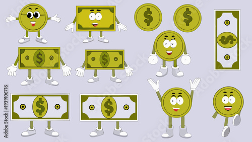 Cartoon money characters with smiling faces and arms waving cheerfully