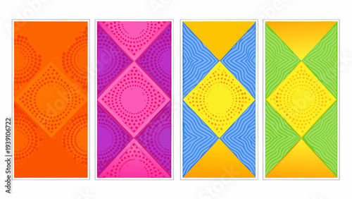 Four vibrant vertically oriented panels with geometric and dotted patterns