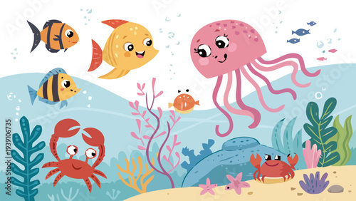 Colorful cartoon coral reef animals vector collection with smiling fish jellyfish crabs and sea plants underwater