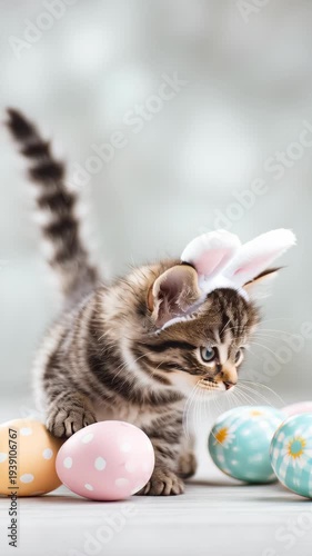 Kitten cat with bunny ear easter egg pet portrait posing in studio with pastel egg decoration, soft light playful mood, paw gesture on table, spring holiday greeting background, copy space