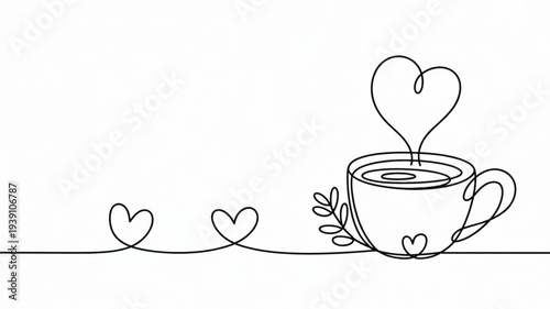A heartwarming line drawing of a steaming cup of coffee or tea with heart designs and steam forming a heart conveying love and warmth in a minimalist style on a white background