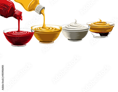 A vector graphic illustration of condiments being poured into glass bowls