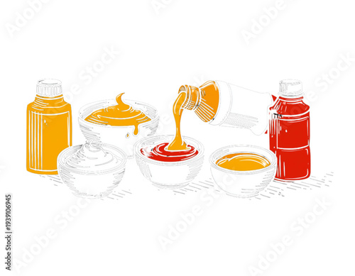 A colorful vector illustration of various condiments and sauces being poured into bowls