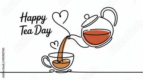Tea pouring into cup from teapot with happy tea day text on white background