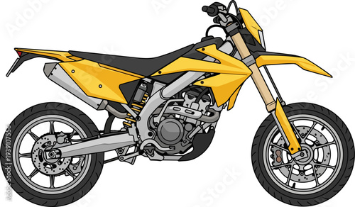 A vibrant yellow dirt bike illustration showcasing its sleek design and powerful engine from a side viewpoint.