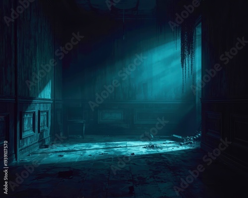 Dark, misty hallway leads to glowing green door