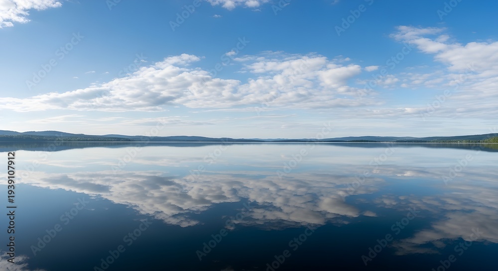 Obraz premium Calm lake set against a blue sky horizon.