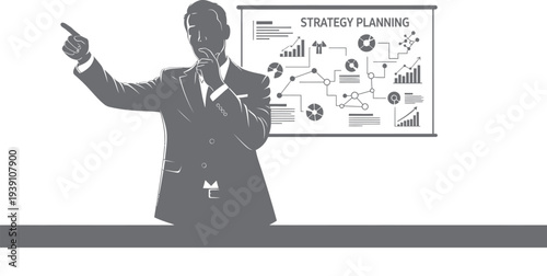 A man in a uniform presenting a graph on a whiteboard with various symbols and charts