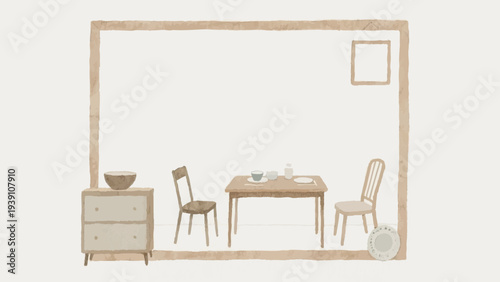 Simple illustrations of home appliances for a new lifestyle. White goods. Copy space. Frames. Furniture. Interior design.