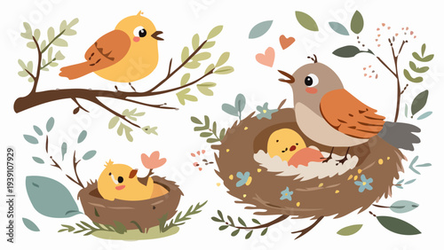 Adorable nesting birds vector illustration with mother bird feeding chicks in nest surrounded by leaves and branches
