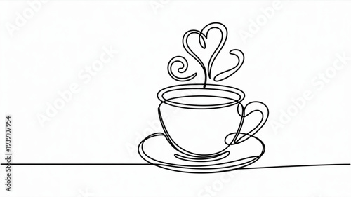Steaming cup of coffee on saucer with heart shaped steam rising simple line art design for love and warmth concept
