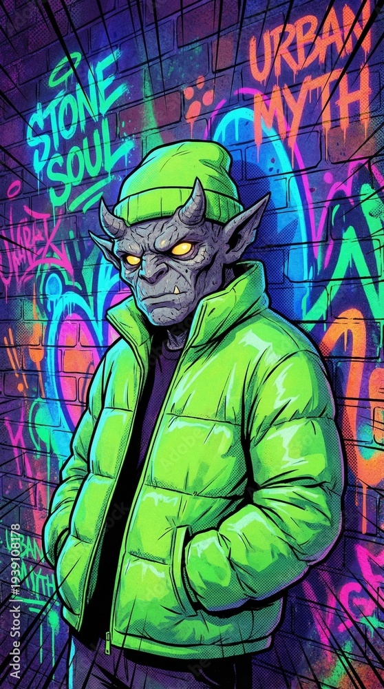 Obraz premium Modern Urban Fantasy Gargoyle Teenager Wearing Streetwear and a Puffer Jacket
