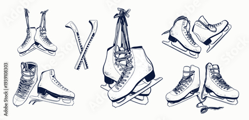Figure Ice Skates vector hand drawn  illustration set. Various pairs on white background. Perfect for winter holidays, sports shops, christmas projects.
