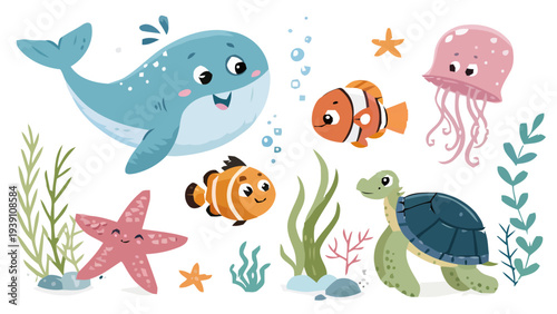 Colorful marine life characters vector collection with whale fish turtle and sea plants on white background