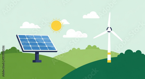 A vector graphic illustration of renewable energy sources including solar panels and wind turbines in a natural landscape