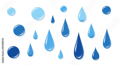 A vector graphic illustration of blue water droplets in various sizes and shades on a white background