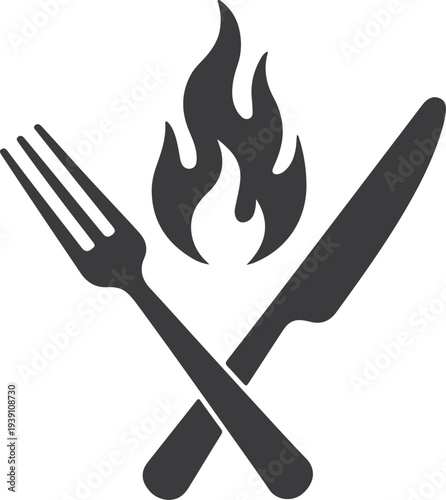 Crossed fork and knife with flame silhouette cooking food restaurant kitchen symbol isolated