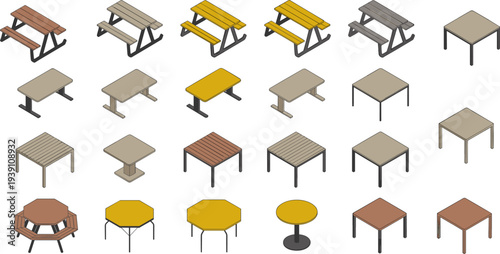 Isometric table and picnic bench collection, outdoor furniture vector illustration set, wooden metal modern design elements pack