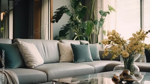 Modern living room with sleek sofa and green plants. Light-filled space with warm, natural tones and minimalist decor. Tall plant and yellow flowers add vibrant touch to the scene