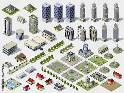 Isometric cityscape collection featuring diverse buildings parks and infrastructure