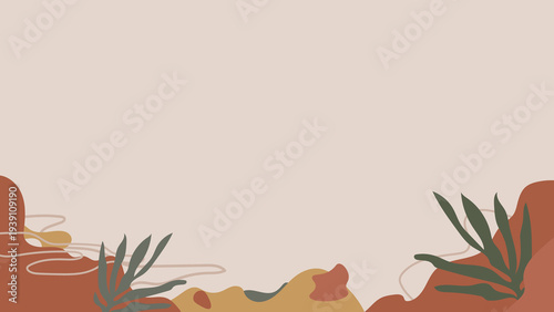 Boho Botanical Background With Earthy Terracotta Shapes And Green Leaves Minimal Organic Frame