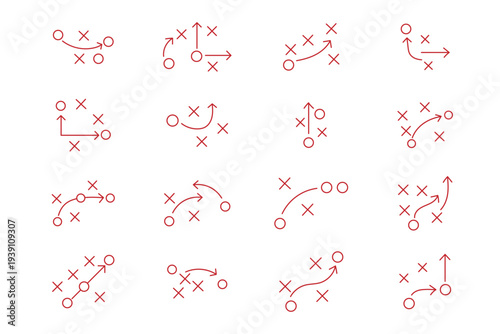 American Football Strategy Playbook Icons Set, Tactical Game Plan Diagrams with X and O Players, Movement Arrows, Coaching Strategy Symbols, Sports Training Vector Illustration.eps10