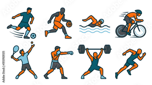 Colorful Flat Sport Player Icons Set Football Basketball Weightlifting Running