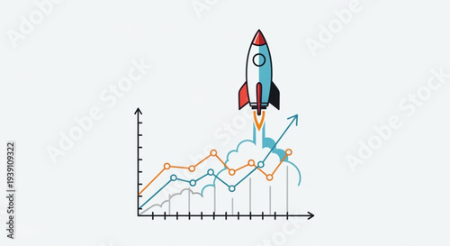 A colorful vector graphic illustration of a rocket ship launching upwards on a graph with increasing trends