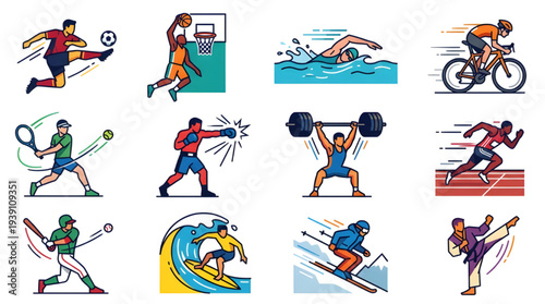 Eight Sports Activity Icons Set Flat Style Colorful Illustration