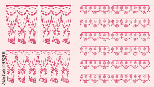 Vintage pink decorative borders and patterns arranged in repeating rows