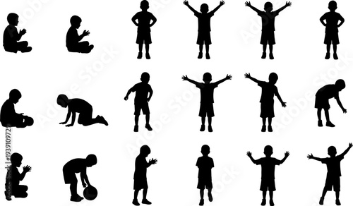 Kids silhouette collection, children standing sitting and playing poses set isolated on white background illustration for character design reference