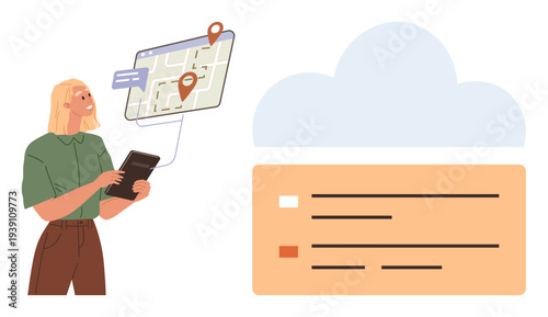 Navigation, cloud computing, technology integration, data storage, modern communication, travel apps. Woman holding a tablet with a map and location pins. Navigation and cloud computing concepts