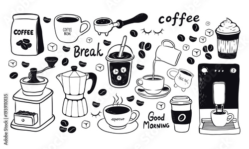 Black and white hand drawn coffee doodle collection featuring cups, beans, grinder, moka pot, coffee machine, takeaway cups and brewing tools. Perfect for cafe design, menu backgrounds, and coffee the
