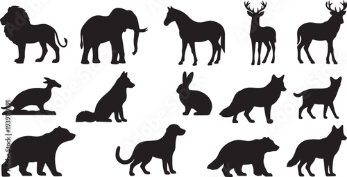 Large Collection of Black Animal Silhouettes Vector. Wild Mammals Set. isolated PNG with Transparent Background