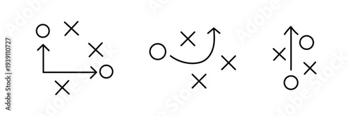 American Football Coaching Playbook Diagram Icon Set with X O Player Positions, Route Arrows, Tactical Strategy Formation Symbols, Sports Training Vector Collection.eps10