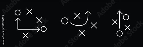 American Football Tactical Strategy Play Diagram Icons with Player Positions, Arrow Routes, Offensive and Defensive Game Plan Symbols, Sports Coaching Playbook Vector.eps10