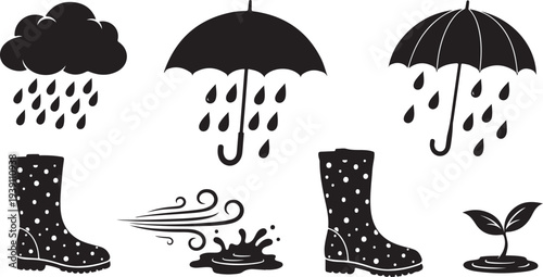 Rainy Day Icons with Umbrellas and Rain Boots Illustration