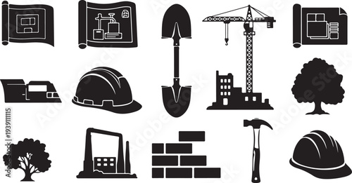 Construction icons set with building tools and equipment symbols