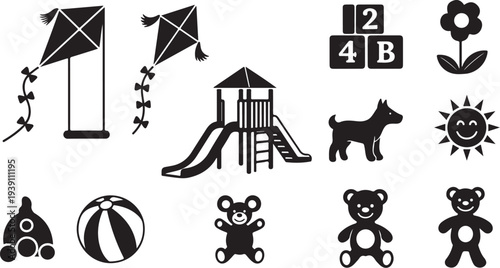 Black and white icons of childhood fun and play