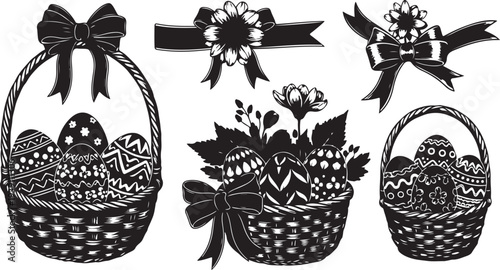 Easter baskets with eggs and flowers in black and white